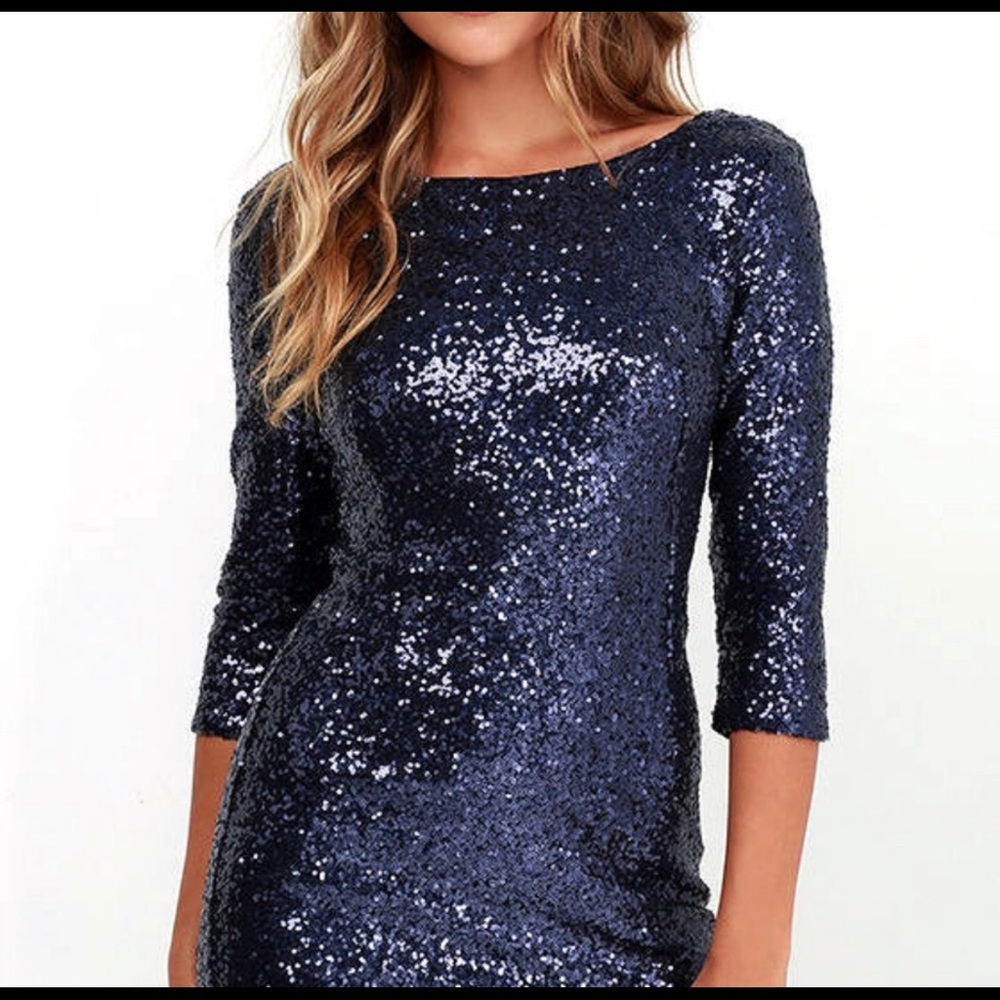 Navy Blue Crystal Doll Sequin Bodycon Dress